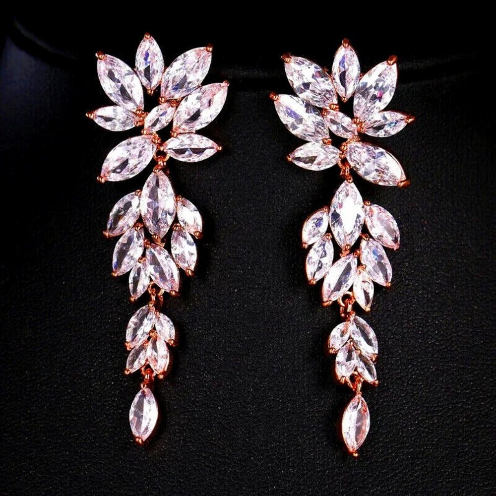 18k Rose Gold Plated Cubic Zirconia Bridal Drop Wedding Statement Earrings